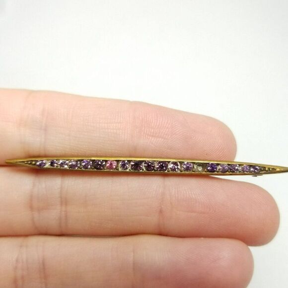 Vintage Skinny Pink Purple Rhinestone Bar Brooch, Gold Tone Setting, Estate - Picture 2 of 8